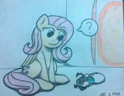 Size: 608x472 | Tagged: safe, artist:ljdamz1119, fluttershy, pegasus, pony, colored, portal, portal (valve), portal gun, solo, traditional art