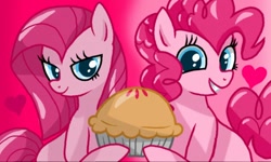 Size: 512x308 | Tagged: safe, artist:imaginary-7502, pinkie pie, earth pony, pony, duality, food, heart, looking at you, pie, pinkamena diane pie, self ponidox, solo, that pony sure does love pies