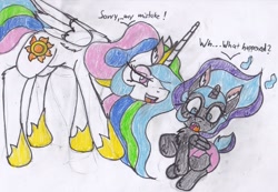 Size: 3284x2279 | Tagged: safe, artist:cuddlelamb, nightmare moon, princess celestia, alicorn, pony, age regression, alternate scenario, diaper, duo, ear fluff, female, filly, high res, nightmare woon, open mouth, poofy diaper, simple background, speech bubble, surprised, traditional art, white background