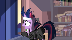 Size: 1365x768 | Tagged: safe, derpibooru import, screencap, twilight sparkle, unicorn twilight, pony, unicorn, it's about time, alternate hairstyle, book, bookshelf, catsuit, duo, eyepatch, female, future twilight, mare, scar, scroll, window