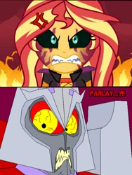 Size: 1920x2560 | Tagged: safe, artist:terry, artist:wubcakeva, sunset satan, sunset shimmer, equestria girls, equestria girls series, sunset's backstage pass!, spoiler:eqg series (season 2), angry, black sclera, bloodshot eyes, clash of hasbro's titans, comparison, crossover, decepticon, fire, megatron, rage, rageset shimmer, red eyes, sharp teeth, teeth, transformers