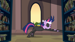 Size: 1365x768 | Tagged: safe, derpibooru import, screencap, twilight sparkle, unicorn twilight, pony, unicorn, it's about time, alternate hairstyle, book, canterlot library, eyepatch, female, mare, scroll, solo, stretchy arms