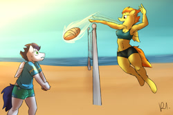 Size: 3000x2000 | Tagged: safe, artist:bluecoffeedog, derpibooru import, soarin', spitfire, anthro, unguligrade anthro, armpits, beach, beach ball, belly button, midriff