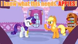 Size: 720x405 | Tagged: safe, screencap, applejack, rarity, earth pony, pony, unicorn, applehorse, image macro, meme, that pony sure does love apples