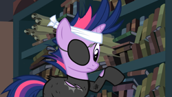 Size: 1365x768 | Tagged: safe, derpibooru import, screencap, twilight sparkle, unicorn twilight, pony, unicorn, it's about time, book, bookshelf, canterlot library, catsuit, eyepatch, female, mare, scroll, solo