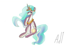 Size: 1378x950 | Tagged: safe, artist:adtmlp, princess celestia, alicorn, pony, crown, jewelry, peytral, regalia, simple background, sitting, smiling, solo, white background