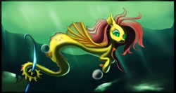 Size: 1225x651 | Tagged: safe, artist:auroriia, fluttershy, sea serpent, hook, solo, species swap, underwater, watershy