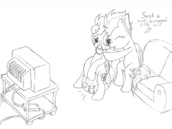 Size: 1600x1200 | Tagged: safe, artist:datspaniard, derpibooru import, soarin', spitfire, age regression, female, implied pissing, male, monochrome, potty, potty time, shipping, soarinfire, straight, television, toilet, training potty