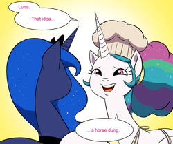 Size: 1345x1123 | Tagged: safe, artist:doublewbrothers, edit, princess celestia, princess luna, alicorn, pony, comic:luna land, apron, cheeky, chef's hat, clothes, comic, dialogue, disrespectful, hat, horse dung, speech bubble