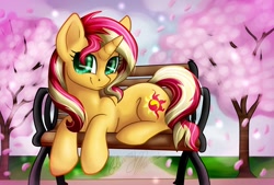 Size: 1280x865 | Tagged: safe, artist:gleamydreams, sunset shimmer, pony, unicorn, bench, cherry blossoms, cherry tree, cute, female, flower, flower blossom, mare, shimmerbetes, signature, solo, tree