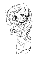 Size: 700x944 | Tagged: safe, artist:nitronic, fluttershy, anthro, blushing, clothes, cute, dress, glasses, monochrome, skirt, solo