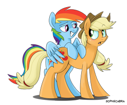 Size: 900x743 | Tagged: safe, artist:spainfischer, applejack, rainbow dash, earth pony, pegasus, pony, appledash, butt touch, feathermarking, female, grin, lesbian, never doubt tchernobog's involvement, shipping, simple background, surprised, transparent background