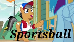 Size: 1920x1080 | Tagged: safe, derpibooru import, edit, edited screencap, screencap, quibble pants, rainbow dash, earth pony, pegasus, pony, common ground, chair, discovery family logo, female, flag, hat, male, mare, open mouth, sportsball, stallion, tent, text