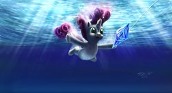 Size: 1200x652 | Tagged: safe, artist:tsitra360, sweetie belle, pony, unicorn, album cover, female, filly, nevermind, nirvana, open mouth, ponified, ponified album cover, signature, solo, underwater