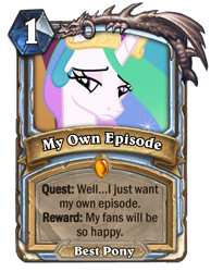 Size: 427x551 | Tagged: safe, screencap, princess celestia, alicorn, pony, best pony, bronybait, card, drama, female, hearthstone, joke, mare, meta, parody, sad, solo, warcraft