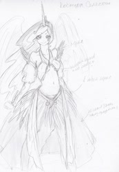 Size: 418x604 | Tagged: safe, artist:wild-paper, princess celestia, human, clothes, crown, horned humanization, humanized, jewelry, looking at you, necklace, regalia, russian, sketch, smiling, solo, text, traditional art