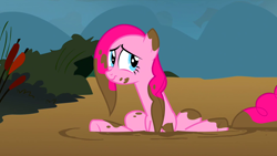 Size: 1920x1080 | Tagged: safe, screencap, pinkie pie, earth pony, pony, putting your hoof down, mud, sad, sitting, solo