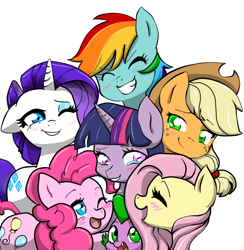 Size: 884x904 | Tagged: safe, artist:kianamai, artist:shiroshototsu, color edit, applejack, fluttershy, pinkie pie, rainbow dash, rarity, spike, twilight sparkle, dragon, earth pony, pegasus, pony, unicorn, castle sweet castle, crying, group hug, mane seven, mane six, scene interpretation, tears of joy