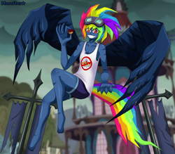 Size: 5682x4984 | Tagged: safe, artist:morestar, derpibooru import, evil pie hater dash, rainbow dash, human, secrets and pies, clothes, evil grin, flying, goggles, grin, humanized, pony coloring, ponyville town hall, scene interpretation, smiling, solo, tanktop, winged humanization, wings