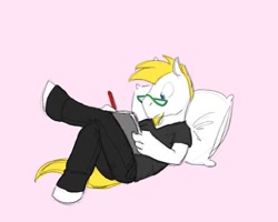 Size: 749x600 | Tagged: source needed, safe, artist:carnifex, oc, oc only, anthro, blonde, blonde hair, blonde tail, blue eyes, clothes, crossed legs, glasses, lying down, male, pants, pillow, pink background, simple background, solo, white coat