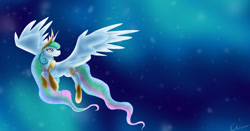 Size: 1024x538 | Tagged: safe, artist:blindarcher01, princess celestia, alicorn, pony, crown, flying, jewelry, regalia, smiling, solo, spread wings, wings