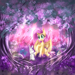 Size: 1000x1000 | Tagged: safe, artist:karmamoonshadow, angel bunny, fluttershy, butterfly, pegasus, pony, scenery, tree