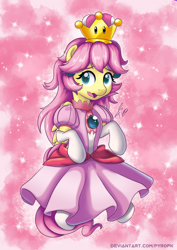 Size: 636x900 | Tagged: safe, artist:pyropk, fluttershy, pegasus, pony, adorable face, alternate hairstyle, clothes, cosplay, costume, crown, cute, dress, female, flutterpeach, gloves, jewelry, long gloves, looking at you, looking sideways, mare, open mouth, pink dress, princess peach, regalia, shyabetes, skirt, socks, solo, sparkles, stockings, super mario bros., thigh highs, three quarter view, wavy mouth, white socks, white stockings