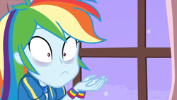 Size: 1600x900 | Tagged: safe, derpibooru import, screencap, rainbow dash, equestria girls, equestria girls series, holidays unwrapped, spoiler:eqg series (season 2), bags under eyes, shrunken pupils, snow, snowfall, solo, tired, window, wristband