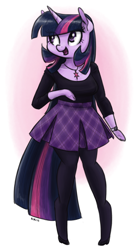 Size: 850x1547 | Tagged: safe, artist:king-kakapo, derpibooru import, twilight sparkle, anthro, unguligrade anthro, clothes, cloven hooves, hoof hands, jewelry, multiple variants, necklace, open mouth, pantyhose, plaid, pleated skirt, skirt, solo, unshorn fetlocks, watch