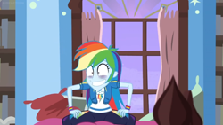 Size: 1600x900 | Tagged: safe, derpibooru import, screencap, rainbow dash, better together, equestria girls, holidays unwrapped, bags under eyes, curtains, faic, grin, pillow, smiling, tired, window