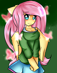 Size: 1852x2379 | Tagged: safe, artist:rooxierookie4, fluttershy, anthro, butterfly, pegasus, blue skirt, blushing, bra, breasts, cleavage, clothes, cute, cyan eyes, digital art, female, green sweater, hands together, looking at you, mare, off shoulder, off shoulder sweater, pink hair, skirt, solo, standing, sweater, sweatershy, tanktop, underwear, white bra, white underwear, yellow coat