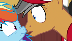 Size: 1280x720 | Tagged: safe, derpibooru import, screencap, quibble pants, rainbow dash, earth pony, pegasus, pony, common ground, cap, close-up, duo, female, hat, implied kiss, male, mare, nose to nose, nose wrinkle, stallion, sweat, wide eyes