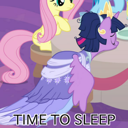 Size: 700x700 | Tagged: safe, derpibooru import, edit, edited screencap, screencap, fluttershy, rainbow dash, twilight sparkle, twilight sparkle (alicorn), alicorn, pegasus, pony, the last problem, caption, cropped, crown, jewelry, regalia, second coronation dress