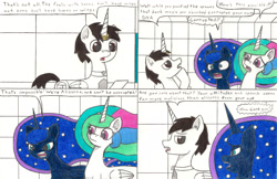 Size: 3396x2196 | Tagged: safe, artist:eternaljonathan, princess celestia, princess luna, oc, oc:nemo, alicorn, pony, comic:a new twist, comic, female, guardian, horn ring, mare, royal sisters, science fiction, traditional art