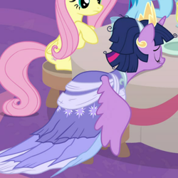 Size: 700x700 | Tagged: safe, derpibooru import, screencap, fluttershy, rainbow dash, twilight sparkle, twilight sparkle (alicorn), alicorn, pegasus, pony, the last problem, cropped, crown, jewelry, regalia, second coronation dress