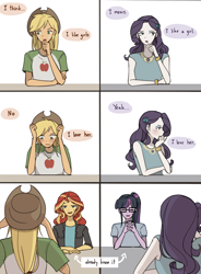 Size: 1382x1880 | Tagged: safe, artist:tcn1205, applejack, rarity, sci-twi, sunset shimmer, twilight sparkle, equestria girls, blushing, comic, female, lesbian, rarijack, shipping, speech bubble