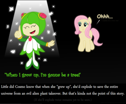 Size: 840x692 | Tagged: safe, artist:ultrathehedgetoaster, fluttershy, pegasus, pony, black background, cosmo the seedrian, crossover, dialogue, simple background, sonic the hedgehog (series)