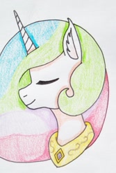 Size: 1513x2263 | Tagged: safe, artist:punisher2006, princess celestia, alicorn, pony, bust, eyes closed, female, jewelry, mare, peytral, portrait, solo, traditional art