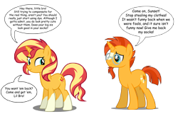 Size: 8557x5842 | Tagged: safe, edit, editor:wild stallions, sunburst, sunset shimmer, pony, unicorn, accessory theft, brother and sister, female, male, playful, ponies wearing sunburst's socks, sfw edit, sibling teasing, siblings, socks (coat marking), speech bubble, sunny siblings, vector