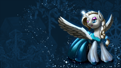 Size: 1920x1080 | Tagged: safe, artist:renatethepony, derpibooru import, alicorn, pony, clothes, crossover, dress, elsa, frozen (movie), ponified, snow, snowflake, solo, wallpaper