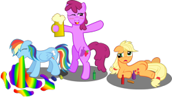 Size: 2052x1156 | Tagged: safe, artist:spellboundcanvas, applejack, berry punch, berryshine, rainbow dash, earth pony, pegasus, pony, alcohol, drinking, puking rainbows, vomiting