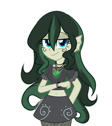 Size: 1024x1152 | Tagged: safe, artist:wubcakeva, derpibooru import, oc, oc only, oc:kaloria jade, kelpie, equestria girls, belly button, clothes, fishnet stockings, jewelry, midriff, miniskirt, necklace, pantyhose, short shirt, skirt, solo