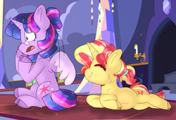 Size: 2344x1592 | Tagged: safe, artist:romania-lanslide, sunset shimmer, twilight sparkle, twilight sparkle (alicorn), alicorn, pony, alternate hairstyle, female, glasses, hair bun, implied magical lesbian spawn, lesbian, overreaction, pregnant, prone, shipping, sitting, sunsetsparkle, worried