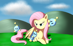 Size: 2603x1660 | Tagged: safe, artist:zipo-chan, fluttershy, pegasus, pony, chao, crossover, sonic the hedgehog (series)