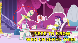 Size: 1366x768 | Tagged: safe, edit, edited screencap, screencap, rarity, pony, unicorn, it isn't the mane thing about you, caption, carousel boutique, clothes, fainting couch, female, food, ice cream, mannequin, mare, solo