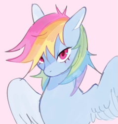 Size: 627x656 | Tagged: safe, artist:serafelis, derpibooru import, rainbow dash, pegasus, pony, bust, cute, dashabetes, female, mare, pink background, portrait, simple background, solo, spread wings, wings