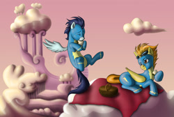 Size: 2500x1678 | Tagged: safe, artist:anadukune, derpibooru import, soarin', spitfire, cloud, cloudy, eating, eyes closed, female, flying, lidded eyes, male, picnic basket, prone, sandwich, shipping, smiling, soarinfire, spread wings, straight, wonderbolts uniform