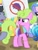 Size: 336x446 | Tagged: safe, screencap, atomic crystal, beta particle, cherry berry, daisy, diamond cutter, flower wishes, lavender bloom, neighls bohr, rainbowshine, rarity, sunshower raindrops, earth pony, pony, unicorn, fame and misfortune, anti-rarity sign, background pony, clothes, cropped, female, mare, sign, solo focus