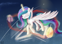 Size: 3507x2480 | Tagged: safe, artist:frozentear7, princess celestia, alicorn, pony, eyes closed, female, glowing horn, levitation, magic, mare, solo, space, spread wings, telekinesis, wings