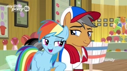 Size: 1280x720 | Tagged: safe, derpibooru import, screencap, quibble pants, rainbow dash, earth pony, pegasus, pony, common ground, ball, baseball cap, buckball museum, cap, clothes, duo, female, hat, lidded eyes, male, mare, nudge, scarf, shirt, stallion, trophy
